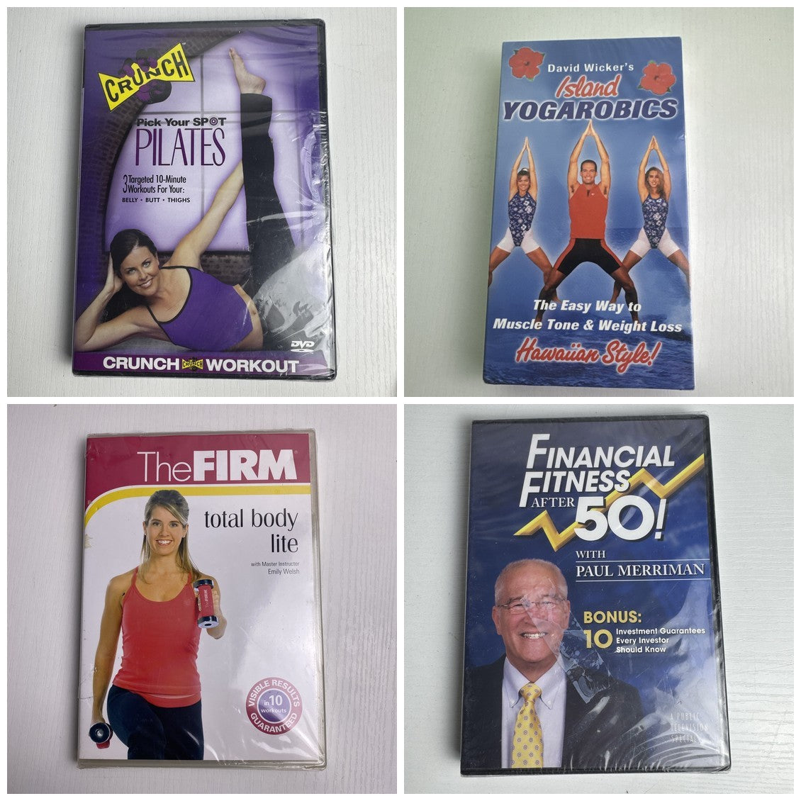 Factory-sealed retro fitness and wellness media lot featuring four DVD and VHS titles including Crunch and The Firm.