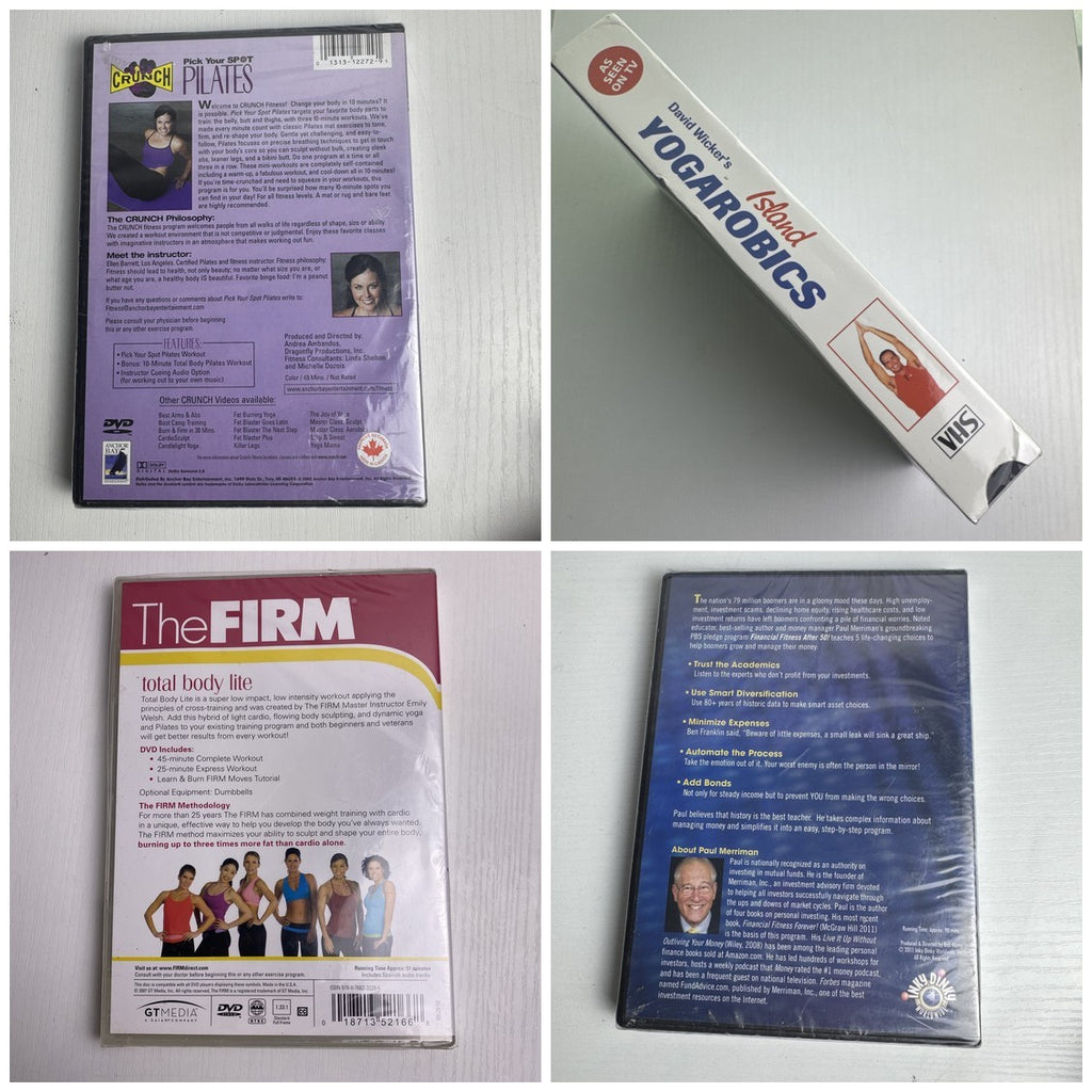 Factory-sealed retro fitness and wellness media lot featuring four DVD and VHS titles including Crunch and The Firm.