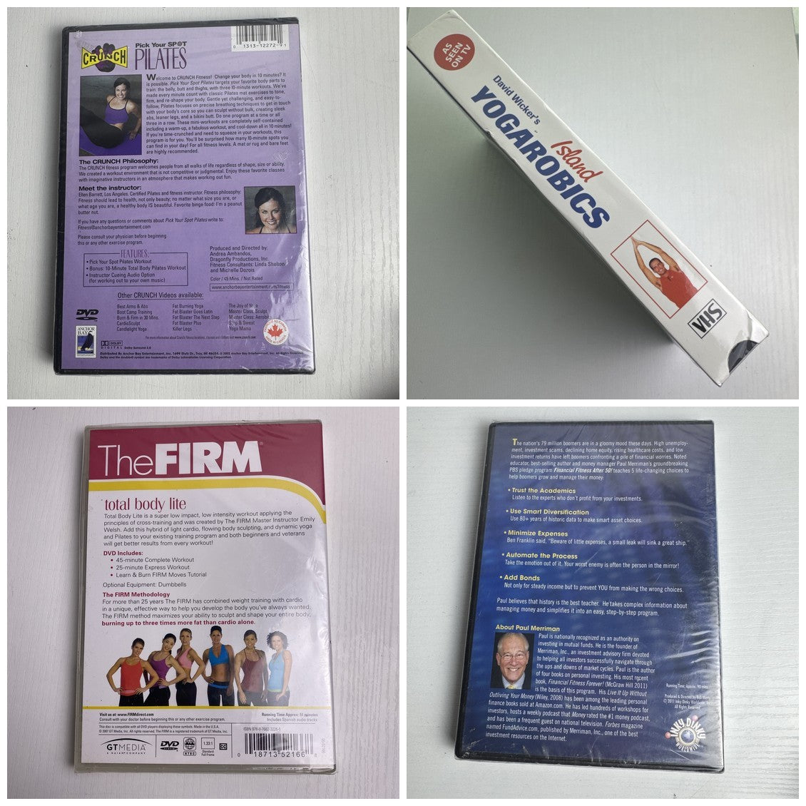 Factory-sealed retro fitness and wellness media lot featuring four DVD and VHS titles including Crunch and The Firm.
