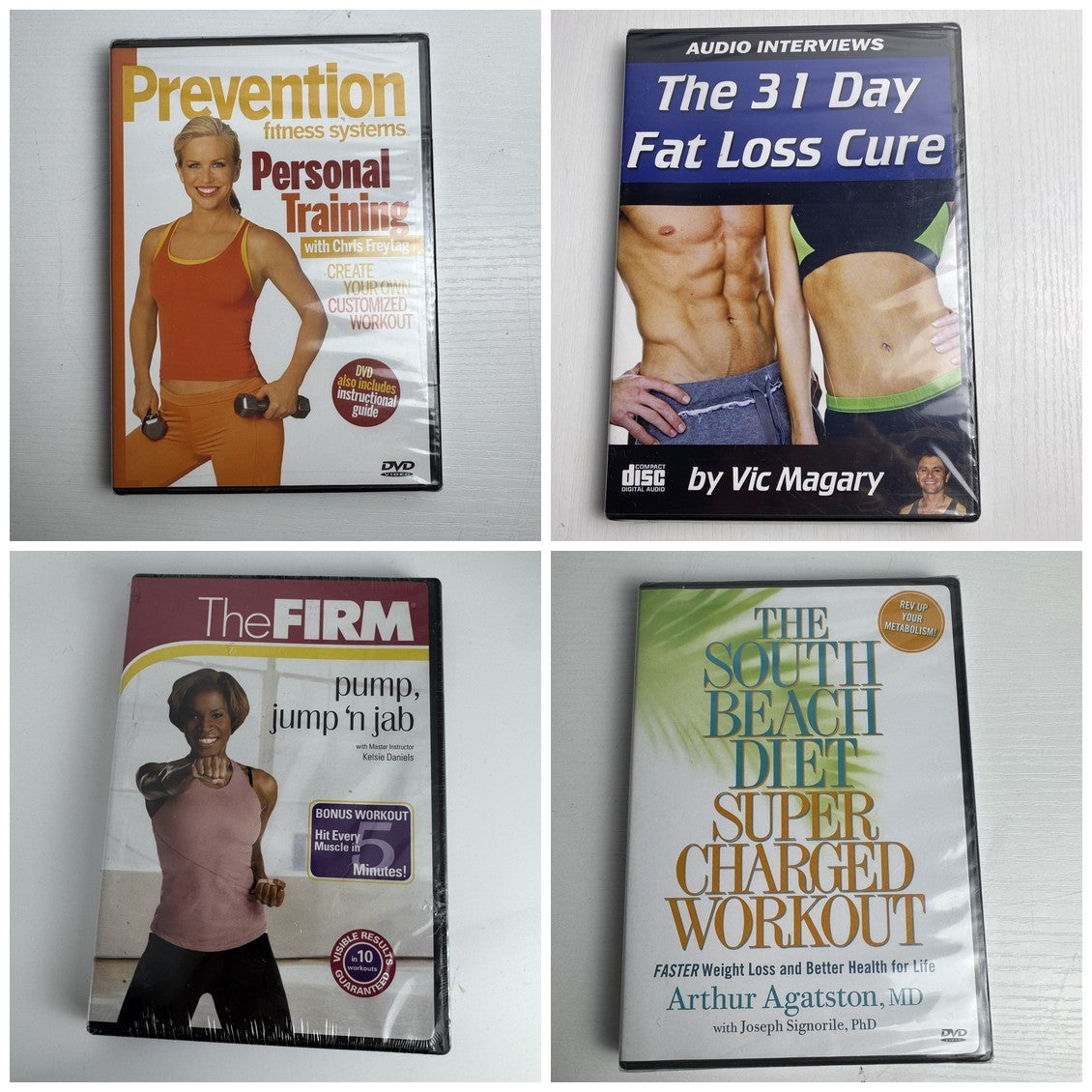 Lot of four brand new factory-sealed fitness DVDs and audio CD featuring The Firm and South Beach Diet.