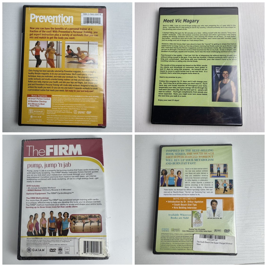 Lot of four brand new factory-sealed fitness DVDs and audio CD featuring The Firm and South Beach Diet.
