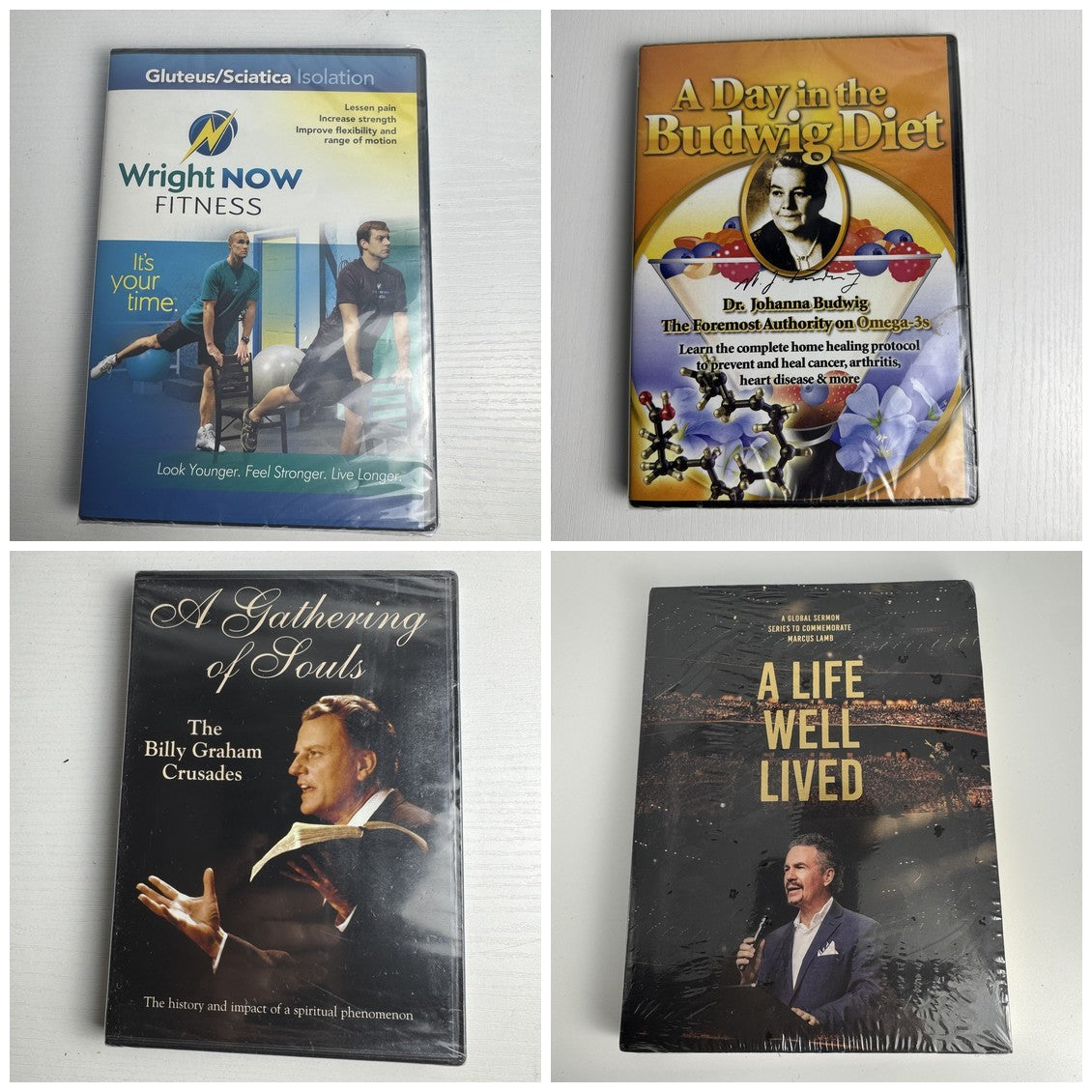 Sealed 4 DVD lot featuring Billy Graham Crusades, Marcus Lamb sermon series, Budwig Diet, and Wright NOW Fitness routines.