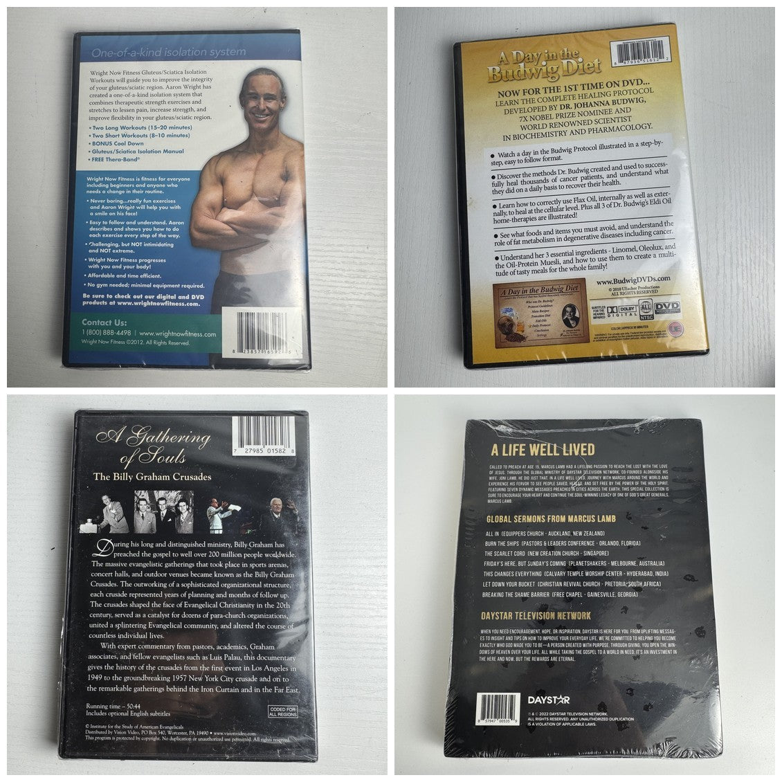 Sealed 4 DVD lot featuring Billy Graham Crusades, Marcus Lamb sermon series, Budwig Diet, and Wright NOW Fitness routines.