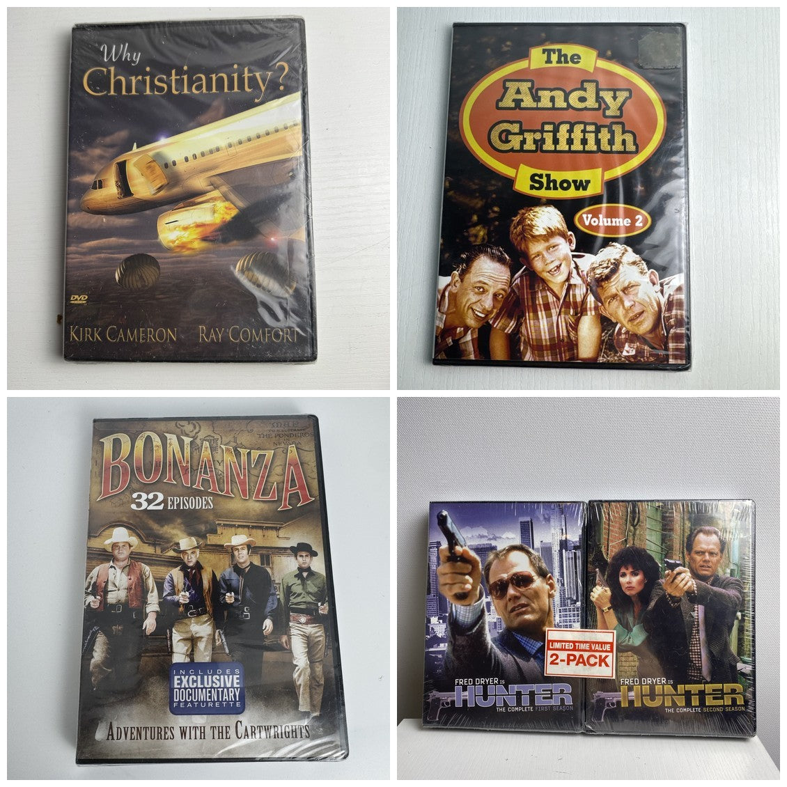 Sealed 4-pack DVD lot featuring Andy Griffith Show, Bonanza, Hunter, and Why Christianity