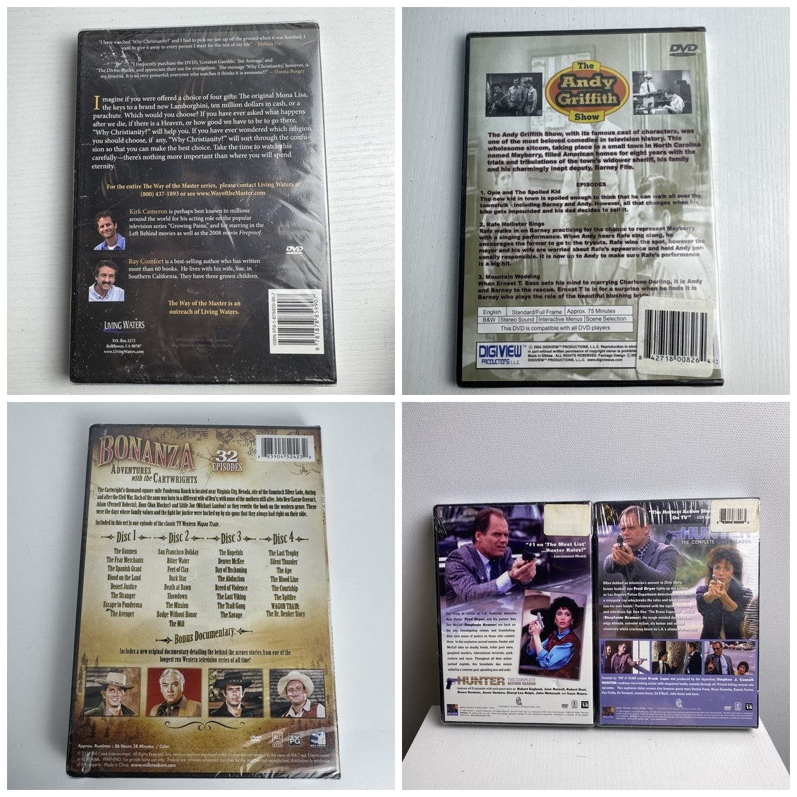 Sealed 4-pack DVD lot featuring Andy Griffith Show, Bonanza, Hunter, and Why Christianity
