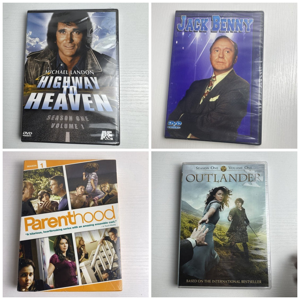 Four brand new factory-sealed TV show DVD box sets including Outlander, Parenthood, Highway to Heaven, and Jack Benny.