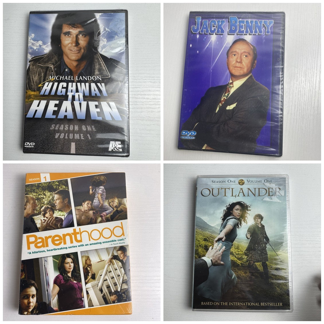Four brand new factory-sealed TV show DVD box sets including Outlander, Parenthood, Highway to Heaven, and Jack Benny.