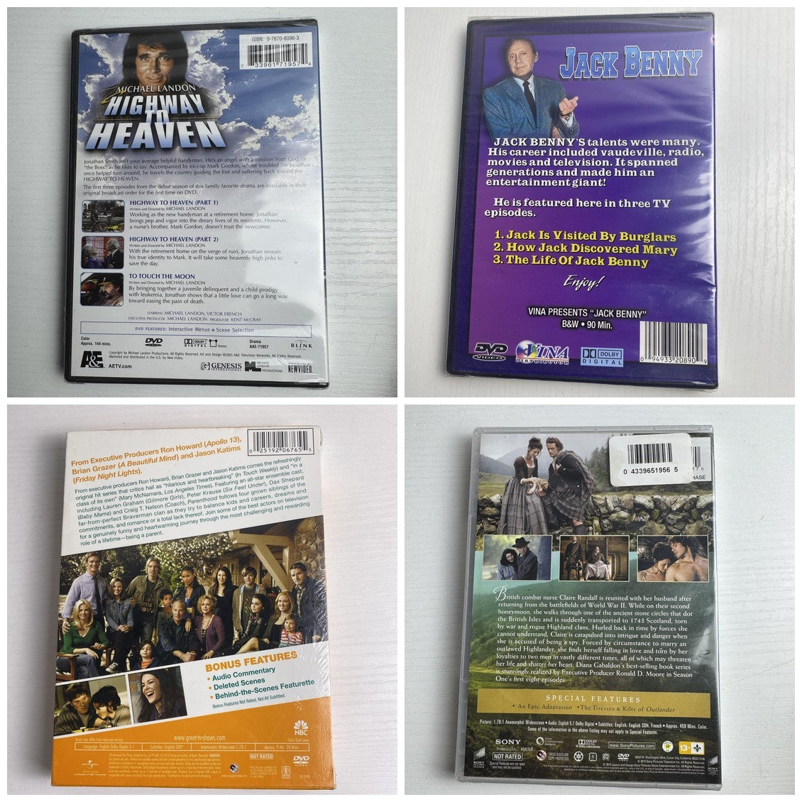 Four brand new factory-sealed TV show DVD box sets including Outlander, Parenthood, Highway to Heaven, and Jack Benny.