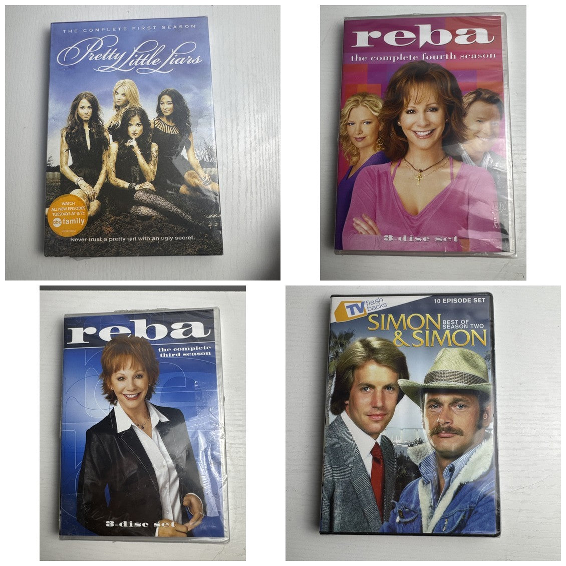 Lot of 4 factory-sealed TV series DVD sets featuring Pretty Little Liars, Reba, and Simon & Simon