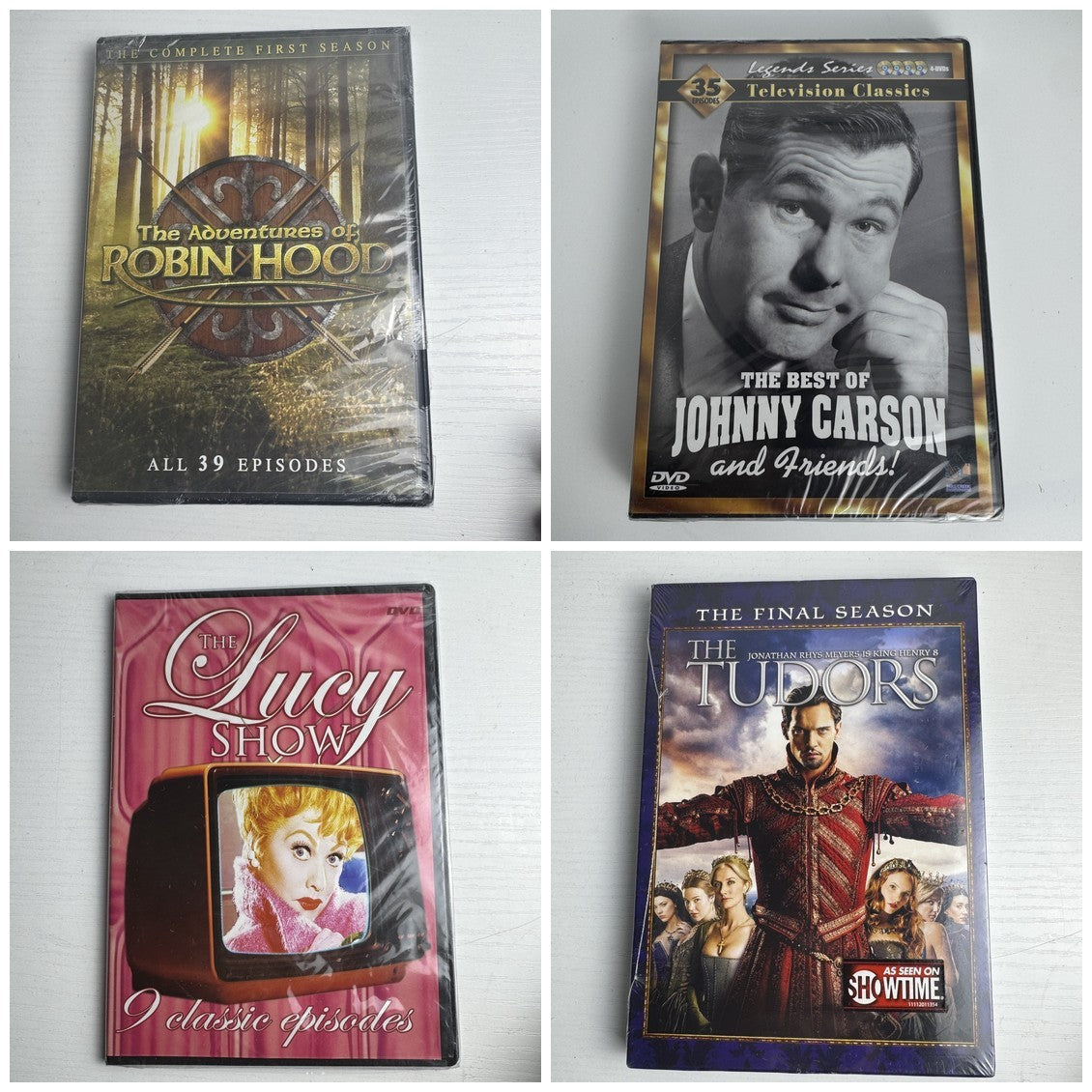 Four factory sealed classic TV show DVD box sets including Robin Hood, Johnny Carson, The Lucy Show, and The Tudors.