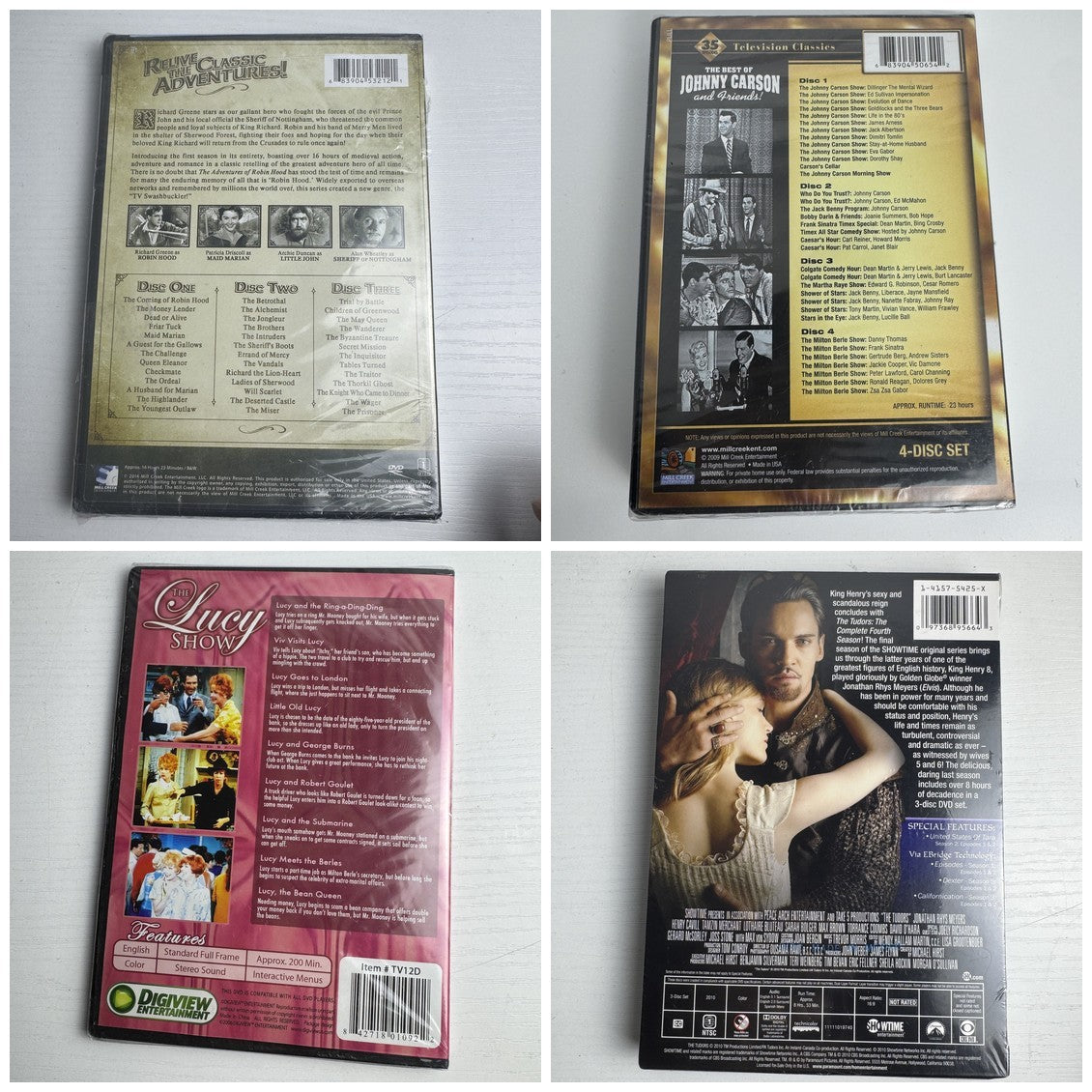 Four factory sealed classic TV show DVD box sets including Robin Hood, Johnny Carson, The Lucy Show, and The Tudors.
