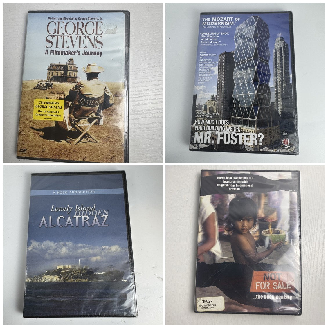 Set of 4 brand new sealed documentary DVDs including George Stevens, Mr Foster, Alcatraz, and Not For Sale.