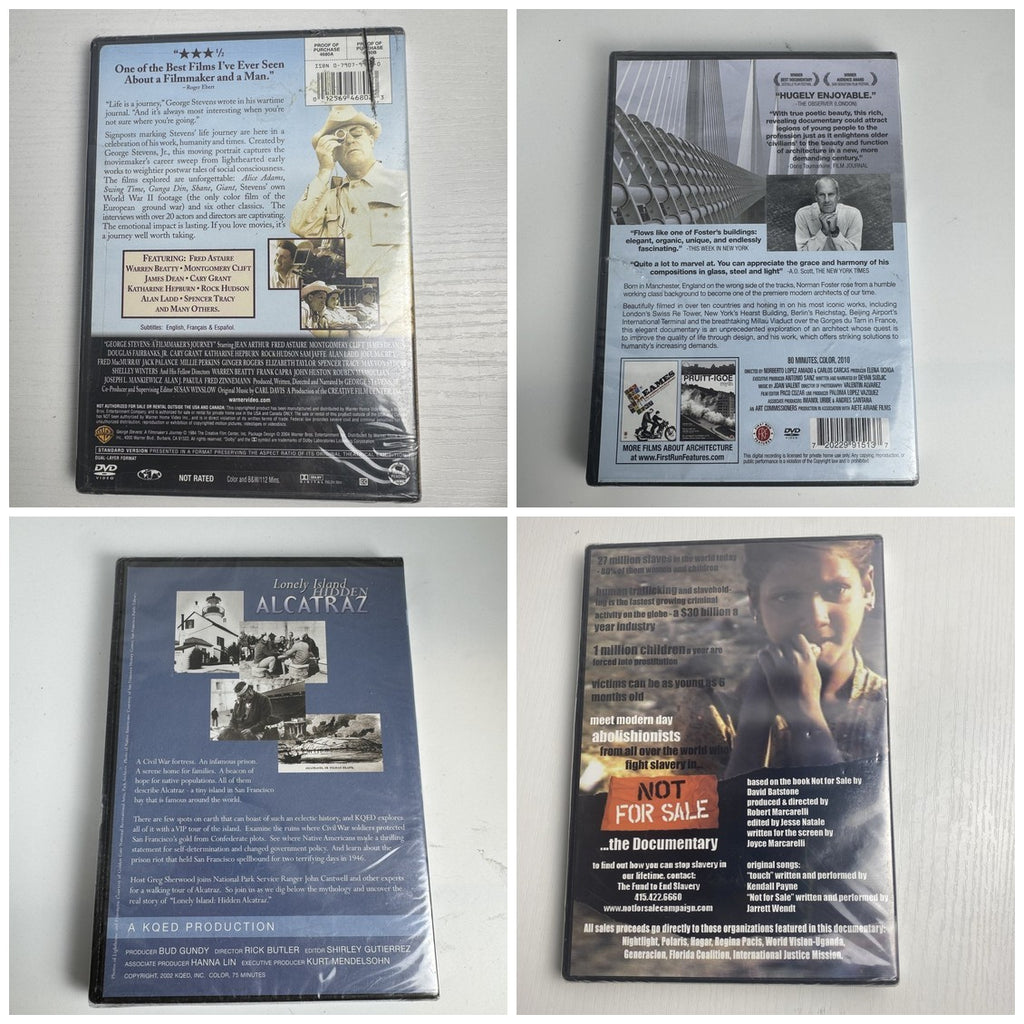 Set of 4 brand new sealed documentary DVDs including George Stevens, Mr Foster, Alcatraz, and Not For Sale.