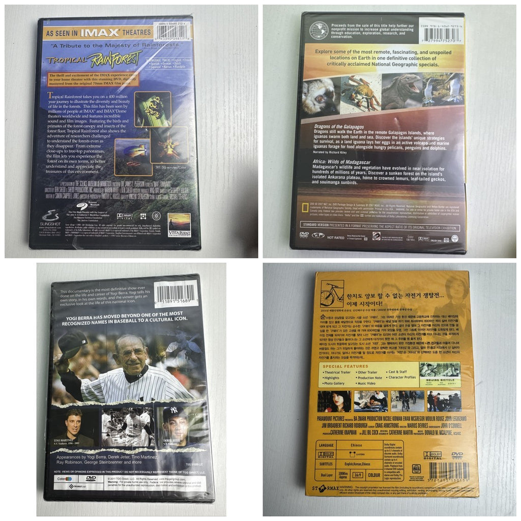 Brand new sealed 4-DVD lot including IMAX Tropical Rainforest, Nat Geo Islands, Yogi Berra, and Beijing Bicycle.