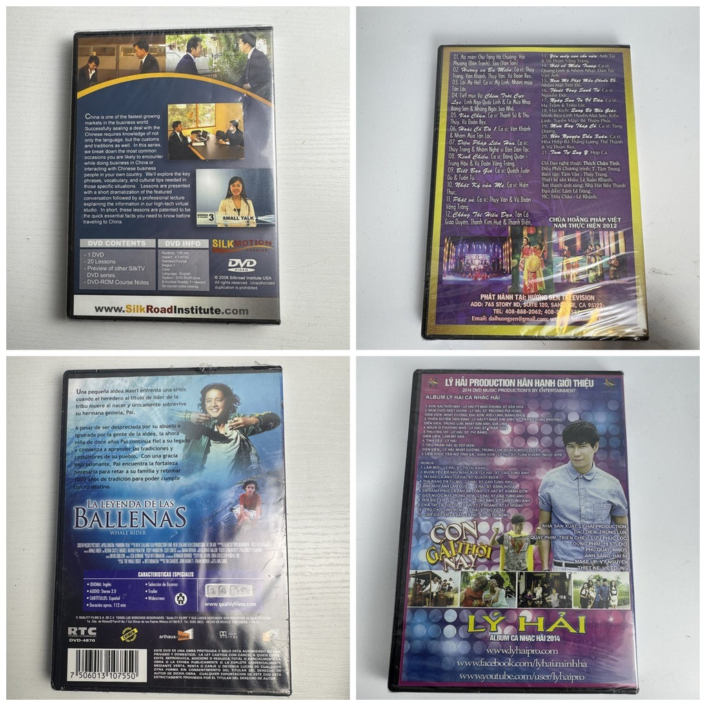 Set of 4 factory-sealed foreign language DVDs including Whale Rider, Business Chinese, and Vietnamese music releases