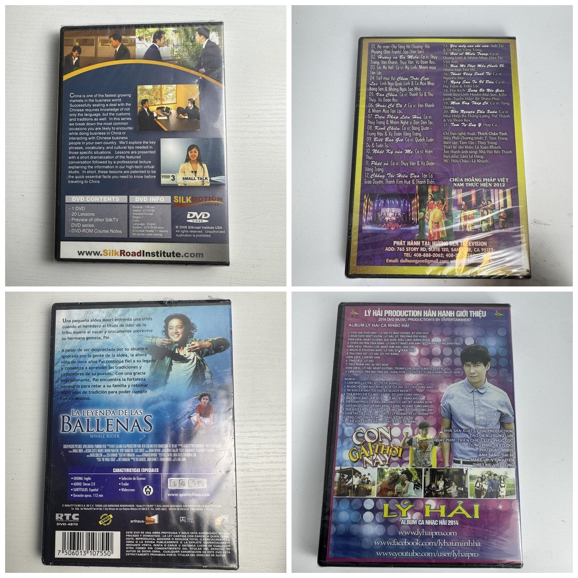 Set of 4 factory-sealed foreign language DVDs including Whale Rider, Business Chinese, and Vietnamese music releases