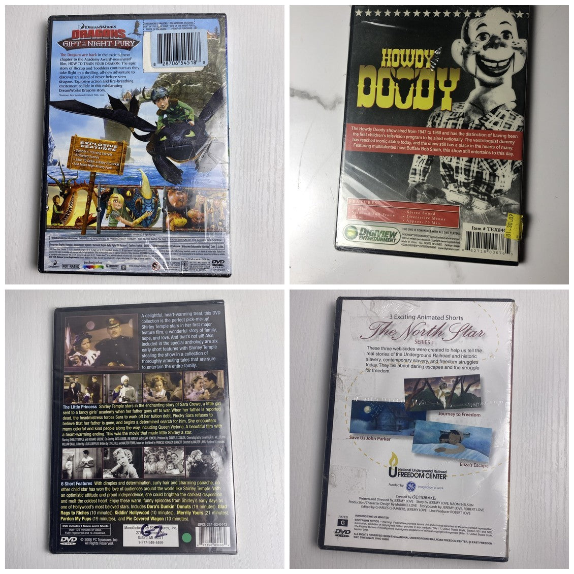 Set of 4 brand new factory sealed family DVDs including DreamWorks Dragons and Shirley Temple