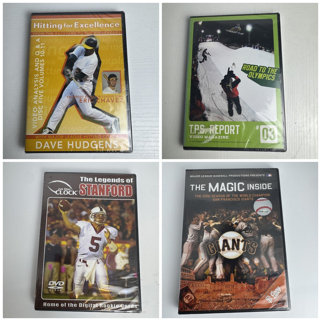 Four brand new factory sealed sports DVDs including SF Giants 2010 World Series, Stanford Legends, and snowboarding.