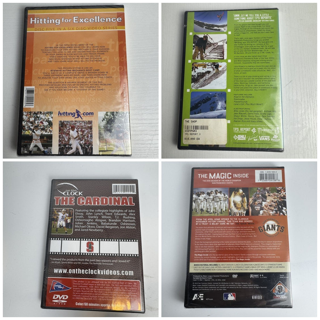 Four brand new factory sealed sports DVDs including SF Giants 2010 World Series, Stanford Legends, and snowboarding.