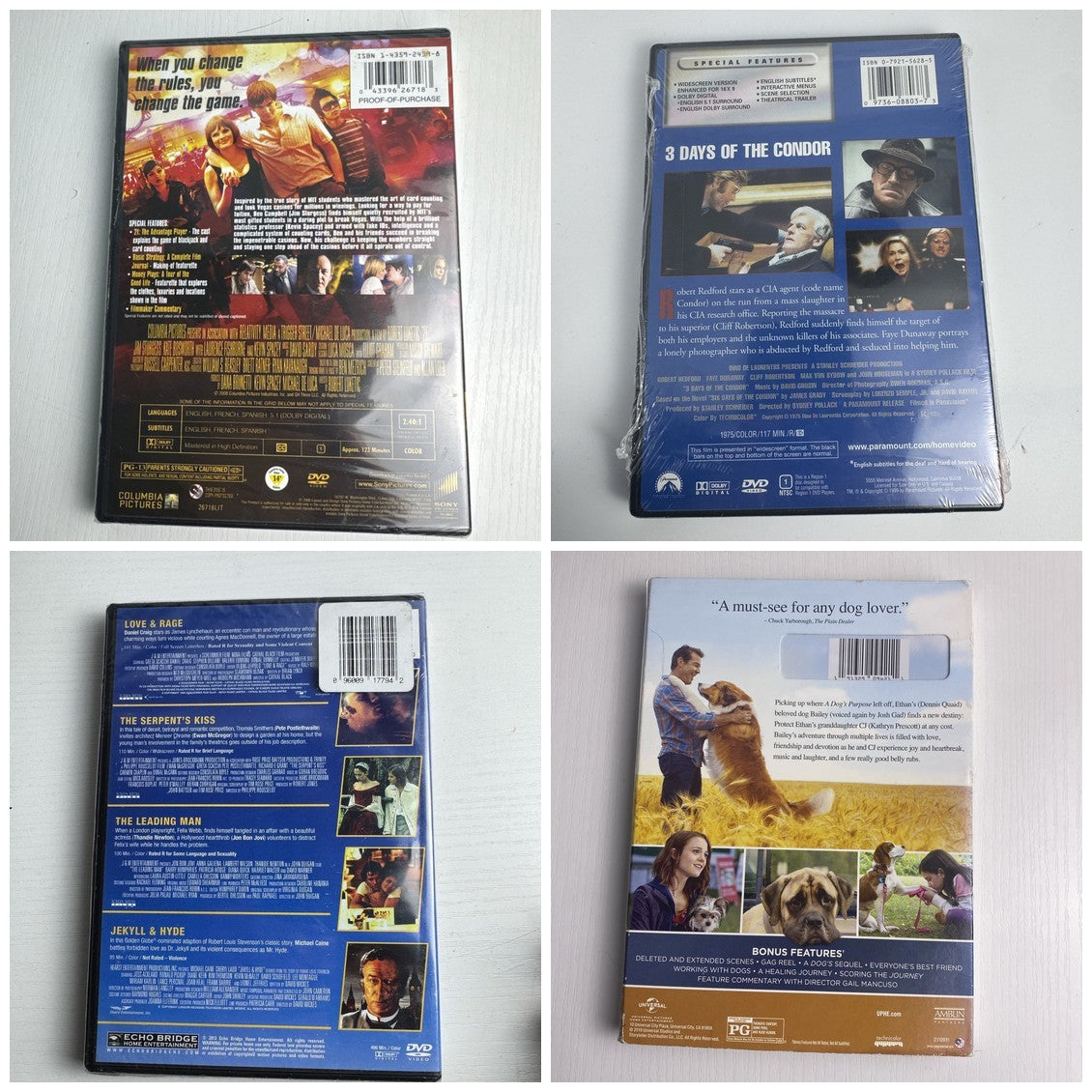 Factory-sealed 4-pack DVD bundle featuring 7 feature films including 3 Days of the Condor and 21