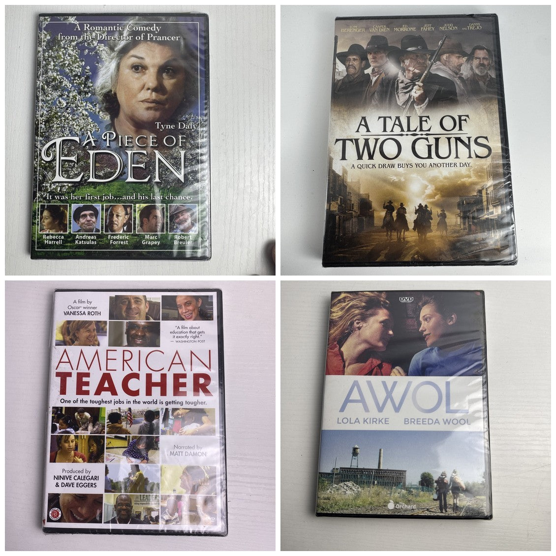 Four factory-sealed DVD movie cases including A Tale of Two Guns, American Teacher, AWOL, and A Piece of Eden.