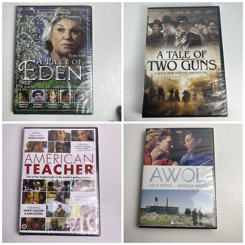 Four factory-sealed DVD movie cases including A Tale of Two Guns, American Teacher, AWOL, and A Piece of Eden.