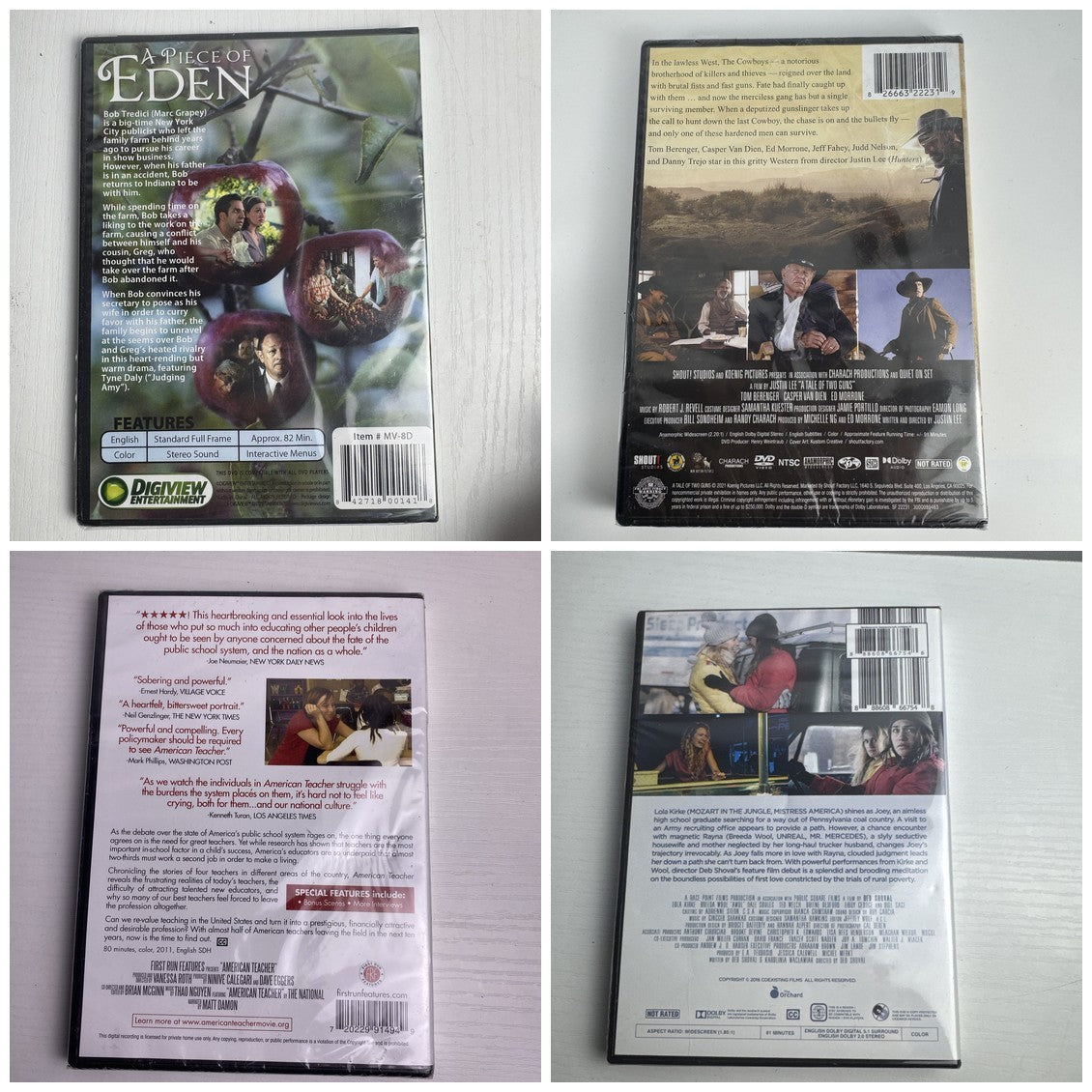 Four factory-sealed DVD movie cases including A Tale of Two Guns, American Teacher, AWOL, and A Piece of Eden.