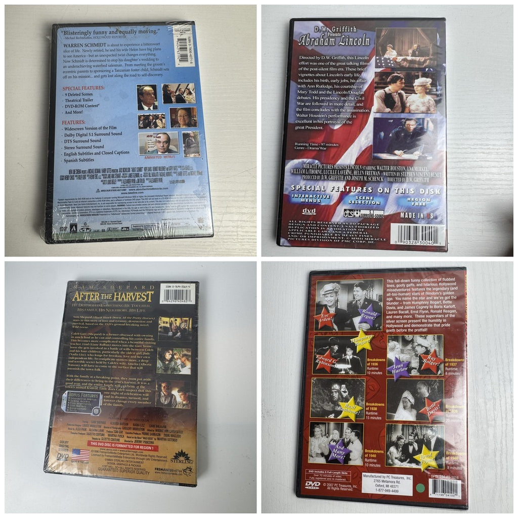 Set of four brand new factory sealed classic movie DVDs including About Schmidt and Abraham Lincoln.