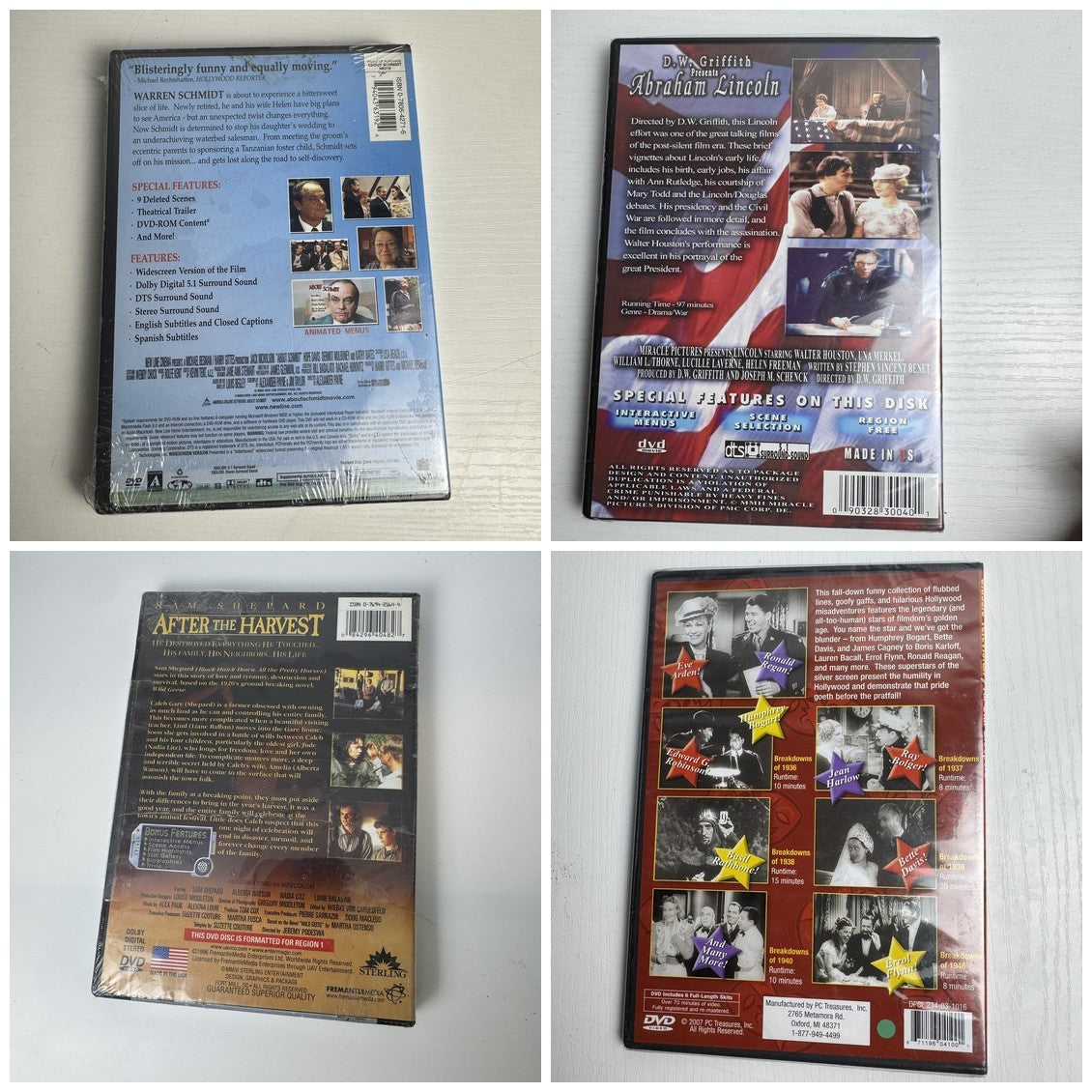 Set of four brand new factory sealed classic movie DVDs including About Schmidt and Abraham Lincoln.