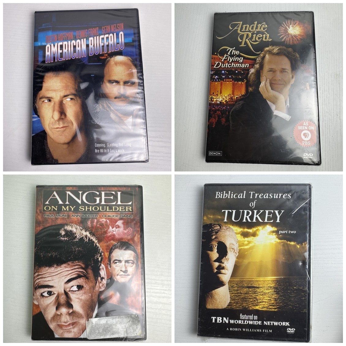 Assorted 4 DVD bundle featuring American Buffalo, Andre Rieu, Angel on My Shoulder, and Biblical Treasures Turkey sealed