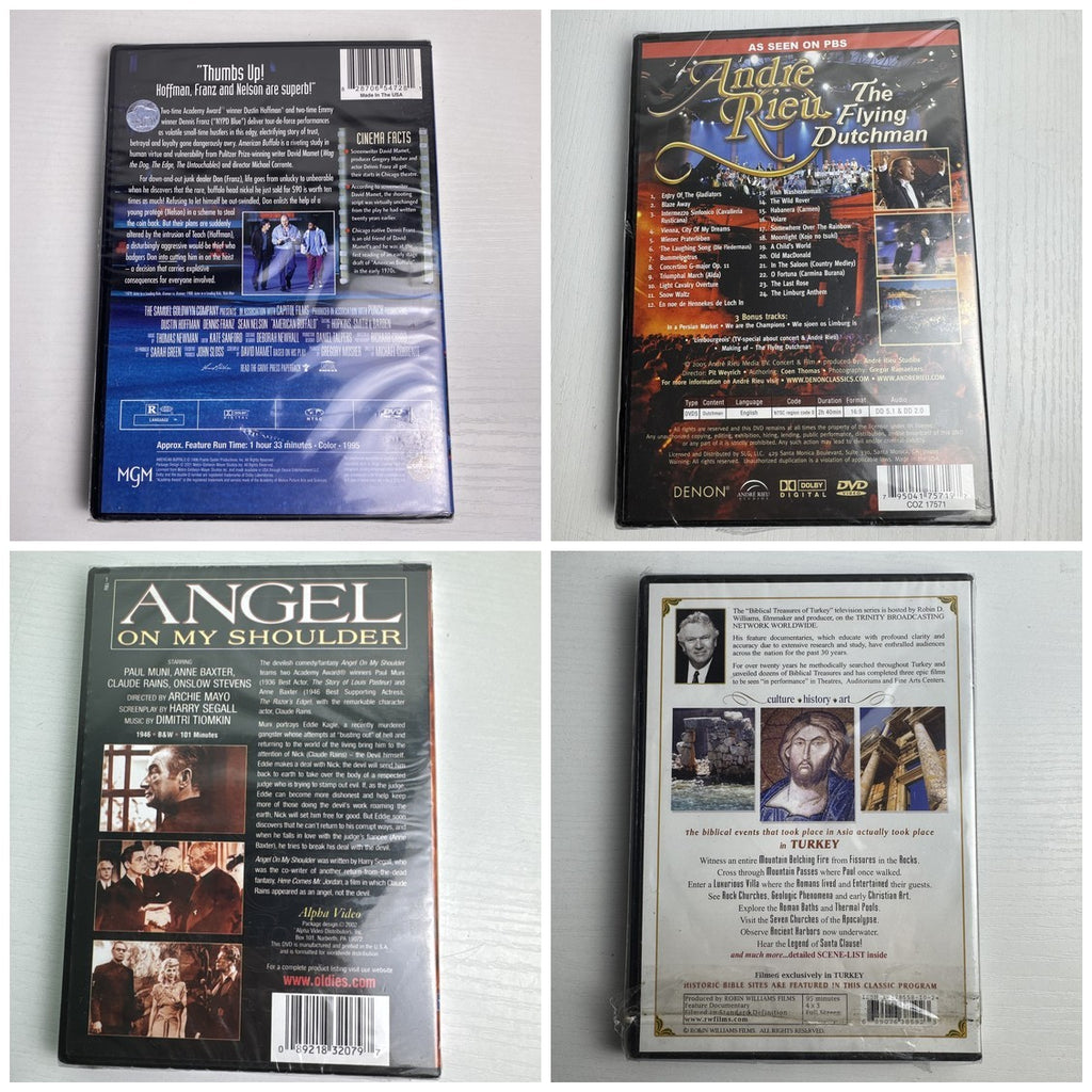 Assorted 4 DVD bundle featuring American Buffalo, Andre Rieu, Angel on My Shoulder, and Biblical Treasures Turkey sealed