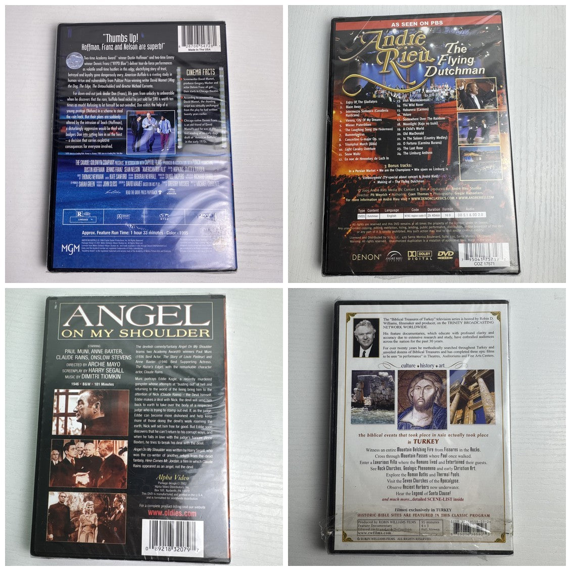Assorted 4 DVD bundle featuring American Buffalo, Andre Rieu, Angel on My Shoulder, and Biblical Treasures Turkey sealed