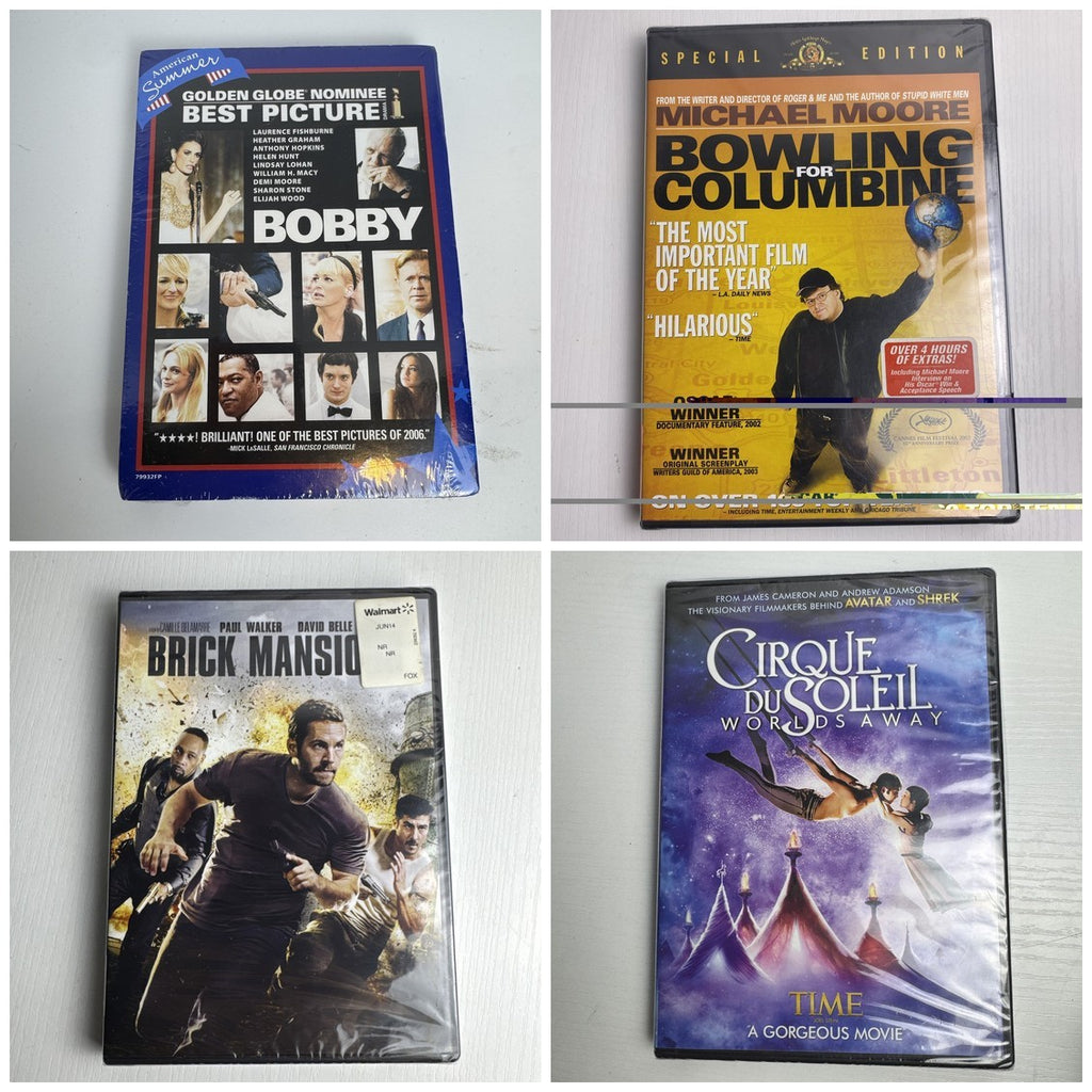 Factory-sealed lot of 4 brand new DVDs including Bobby, Brick Mansions, Bowling for Columbine, and Cirque Du Soleil.