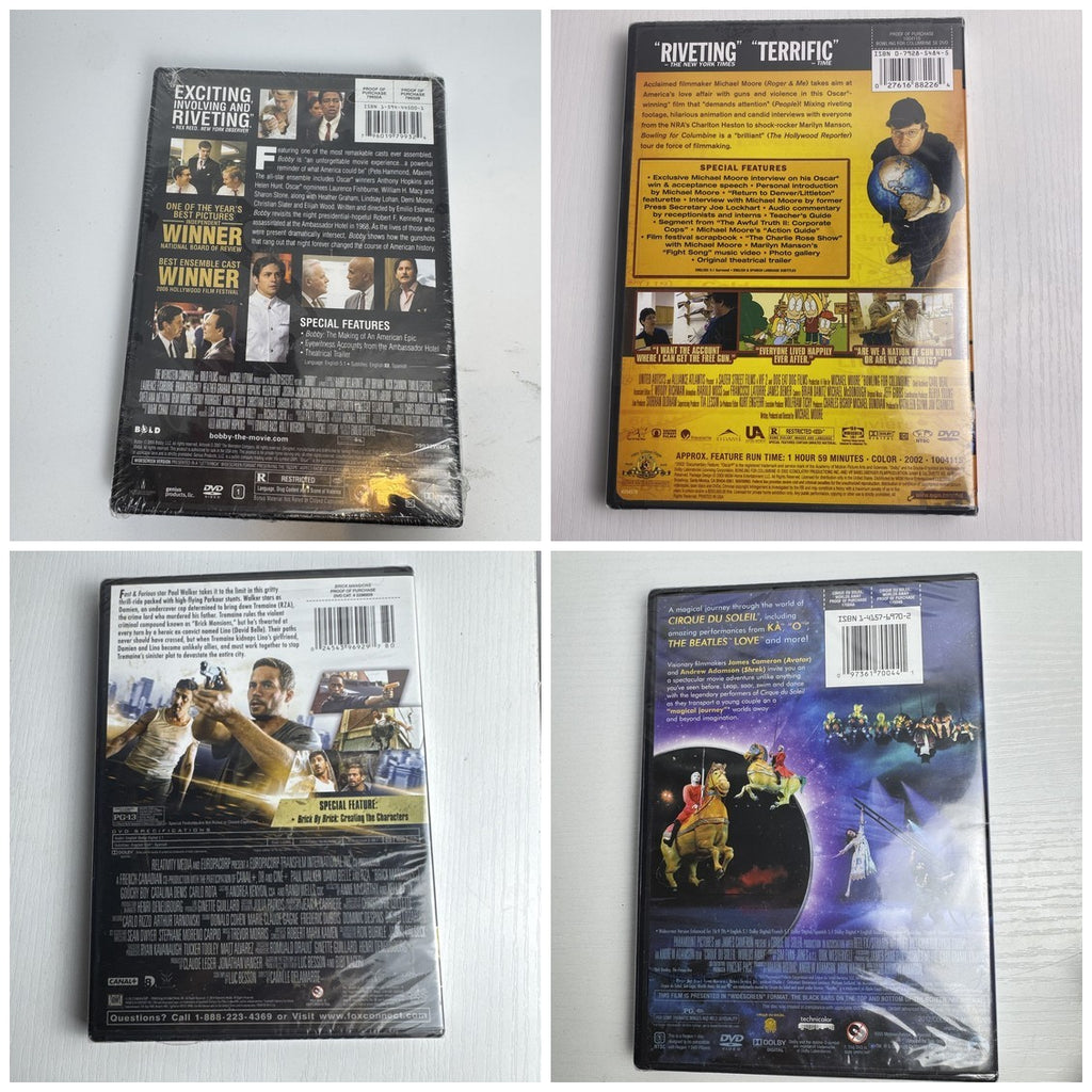 Factory-sealed lot of 4 brand new DVDs including Bobby, Brick Mansions, Bowling for Columbine, and Cirque Du Soleil.
