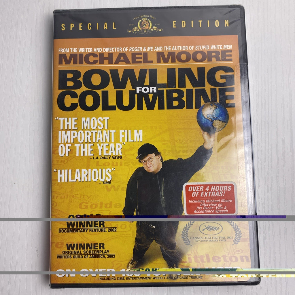 Factory-sealed lot of 4 brand new DVDs including Bobby, Brick Mansions, Bowling for Columbine, and Cirque Du Soleil.