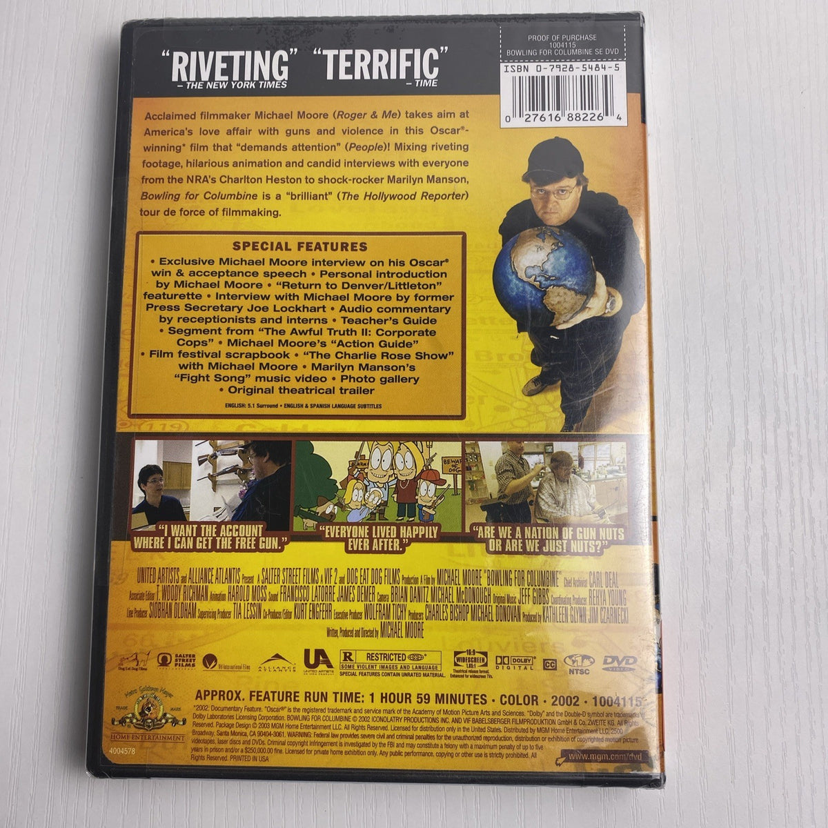 Factory-sealed lot of 4 brand new DVDs including Bobby, Brick Mansions, Bowling for Columbine, and Cirque Du Soleil.