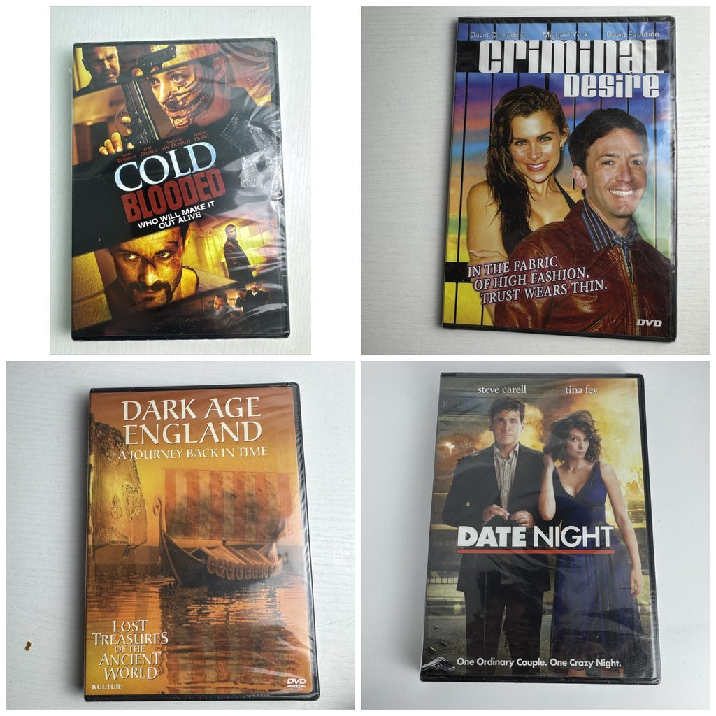 Set of 4 brand new factory-sealed DVDs including Date Night, Cold Blooded, Criminal Desire, and Dark Age England.
