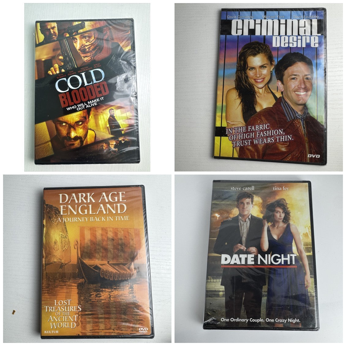 Set of 4 brand new factory-sealed DVDs including Date Night, Cold Blooded, Criminal Desire, and Dark Age England.