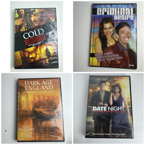 Set of 4 brand new factory-sealed DVDs including Date Night, Cold Blooded, Criminal Desire, and Dark Age England.