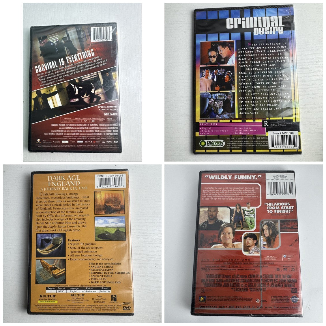 Set of 4 brand new factory-sealed DVDs including Date Night, Cold Blooded, Criminal Desire, and Dark Age England.