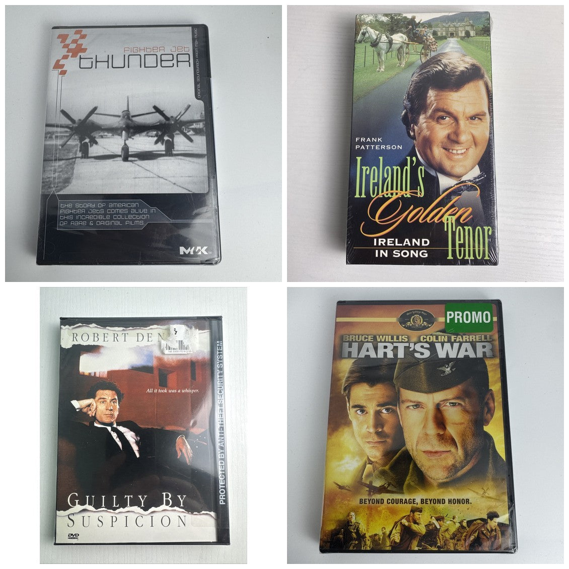 Factory-sealed 4-piece media lot containing 3 DVDs and 1 VHS tape including Hart's War and Guilty By Suspicion.
