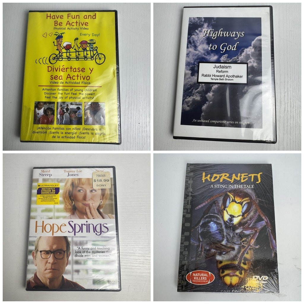 Factory sealed 4-DVD lot featuring Hope Springs, Hornets documentary, Highways to God, and Have Fun and Be Active.