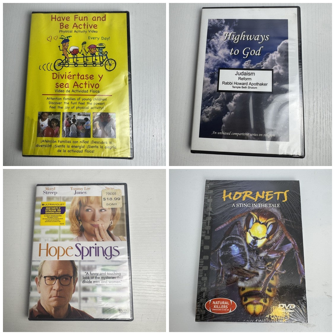 Factory sealed 4-DVD lot featuring Hope Springs, Hornets documentary, Highways to God, and Have Fun and Be Active.