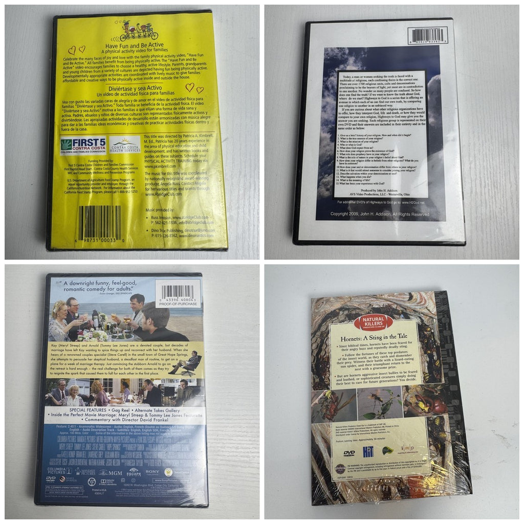 Factory sealed 4-DVD lot featuring Hope Springs, Hornets documentary, Highways to God, and Have Fun and Be Active.