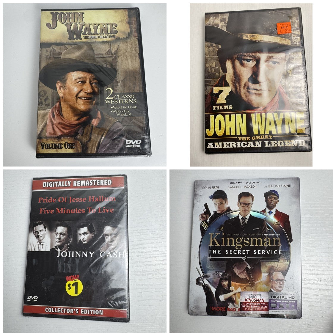Four brand new sealed movie titles including John Wayne Western collections, Johnny Cash films, and Kingsman Blu-ray.