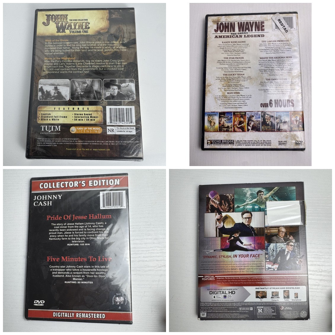 Four brand new sealed movie titles including John Wayne Western collections, Johnny Cash films, and Kingsman Blu-ray.