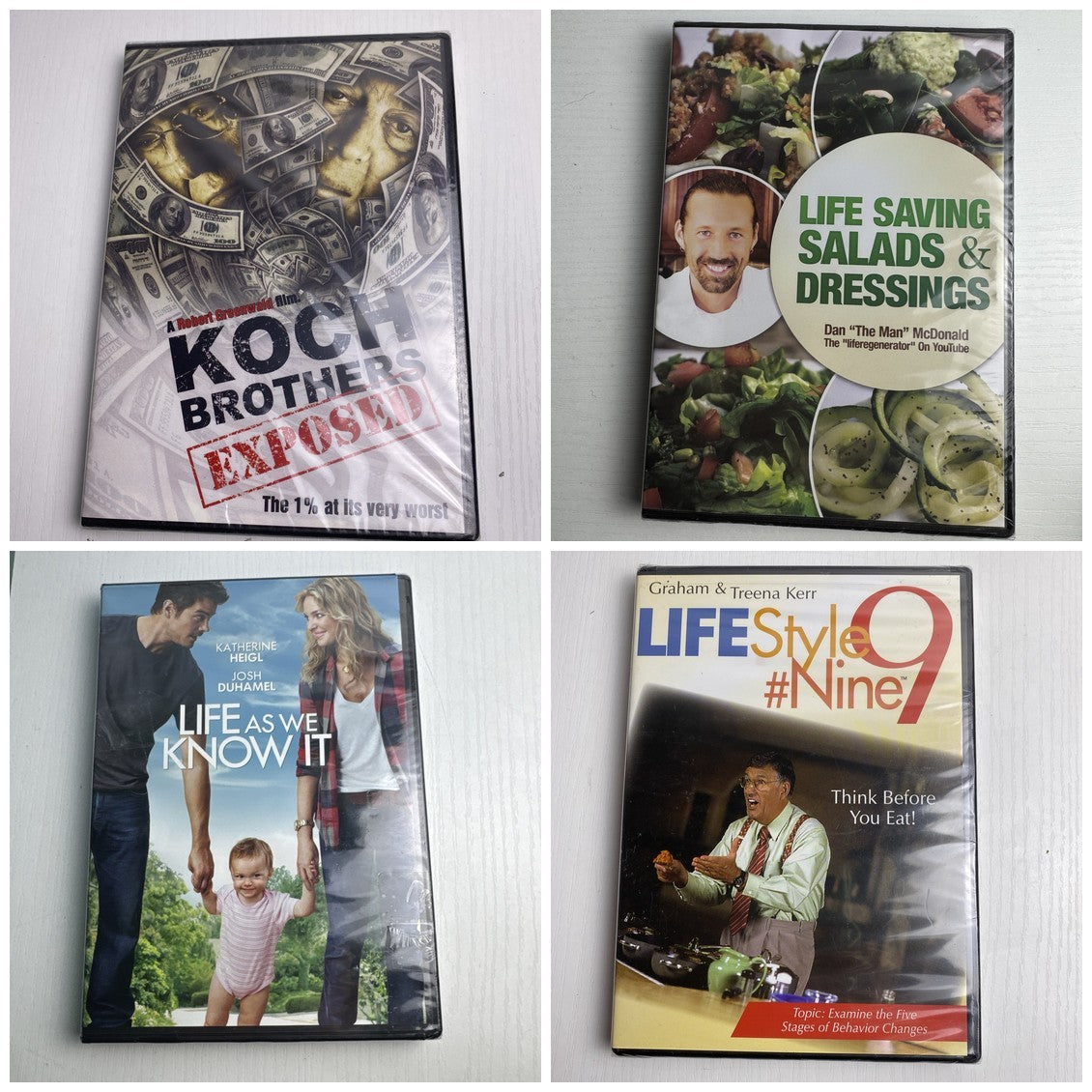 Four factory-sealed DVDs including Life As We Know It, Koch Brothers Exposed, and wellness titles in a brand new lot.