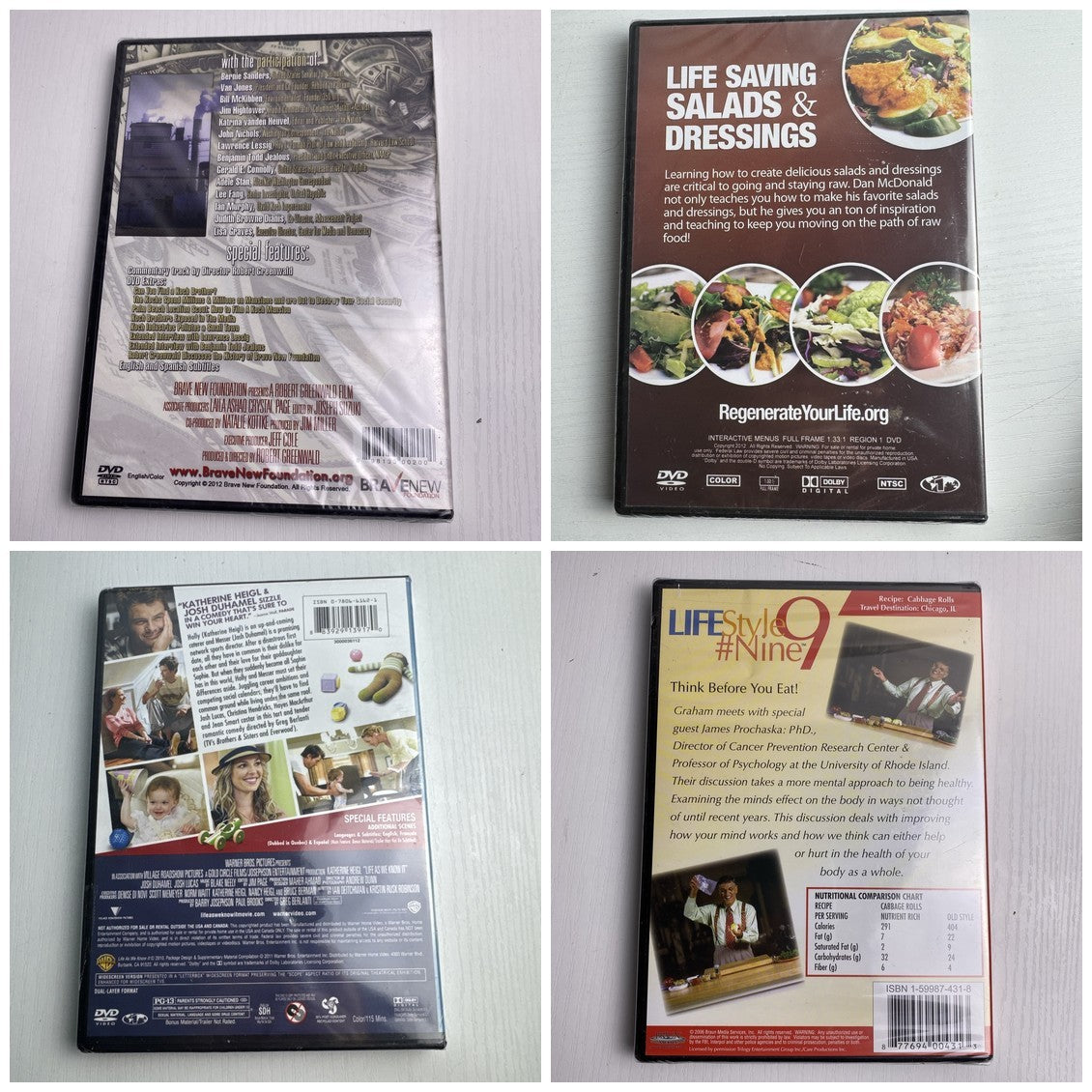 Four factory-sealed DVDs including Life As We Know It, Koch Brothers Exposed, and wellness titles in a brand new lot.