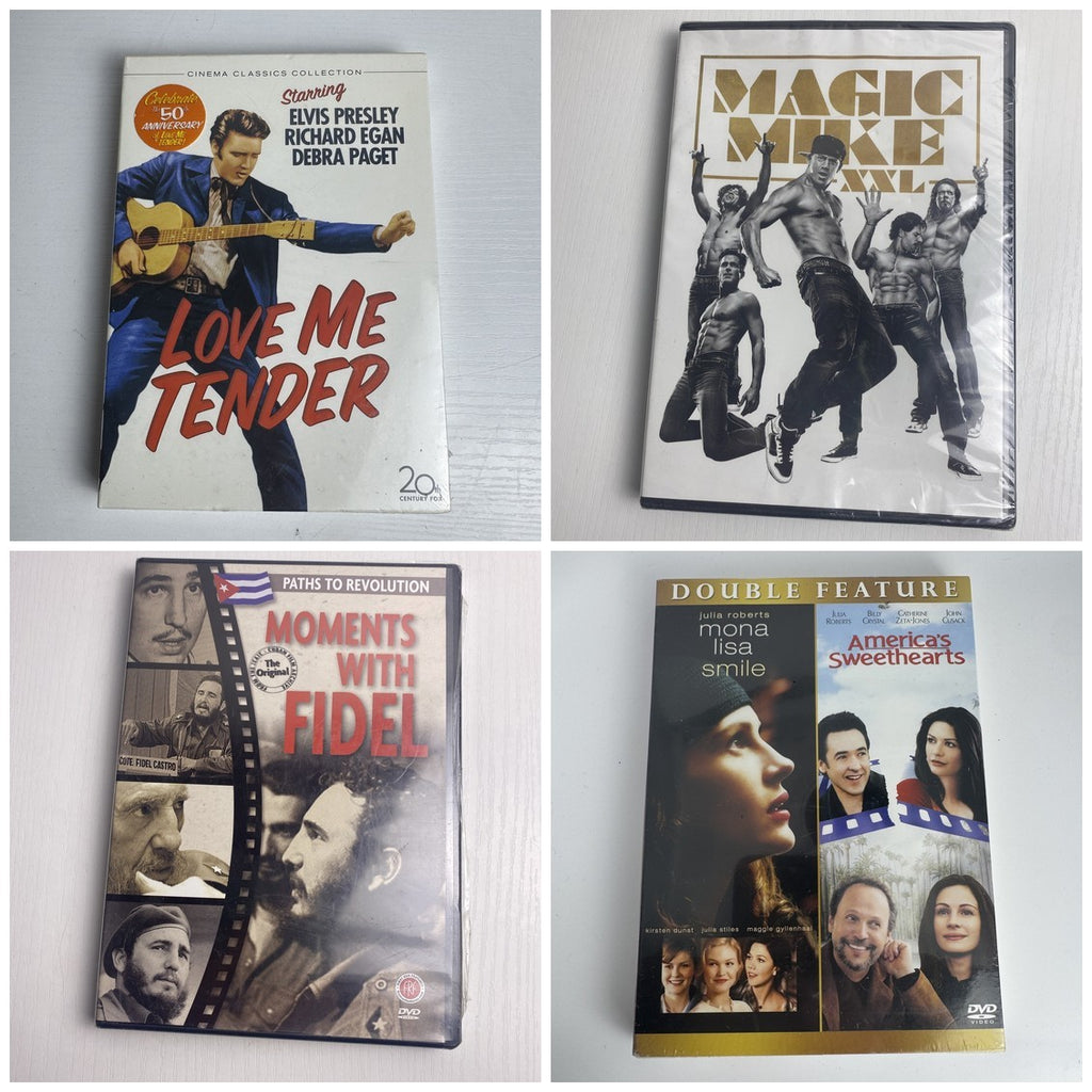 Brand new factory sealed 4-pack DVD bundle featuring Love Me Tender, Magic Mike XXL, Mona Lisa Smile, and Fidel documentary.