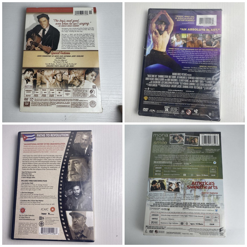Brand new factory sealed 4-pack DVD bundle featuring Love Me Tender, Magic Mike XXL, Mona Lisa Smile, and Fidel documentary.